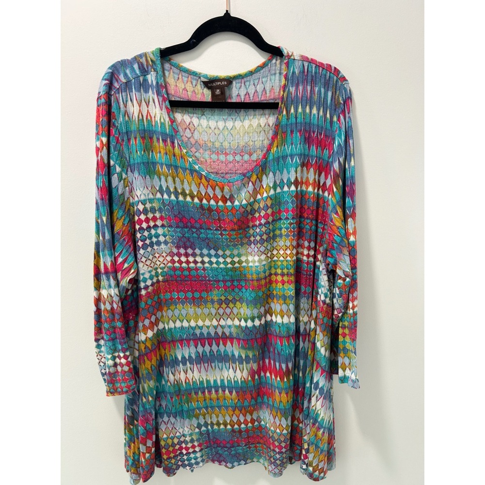 Multiples Womens 2X Geometric Diamond Ribbed Knit Tunic Top Rainbow Multi-Color